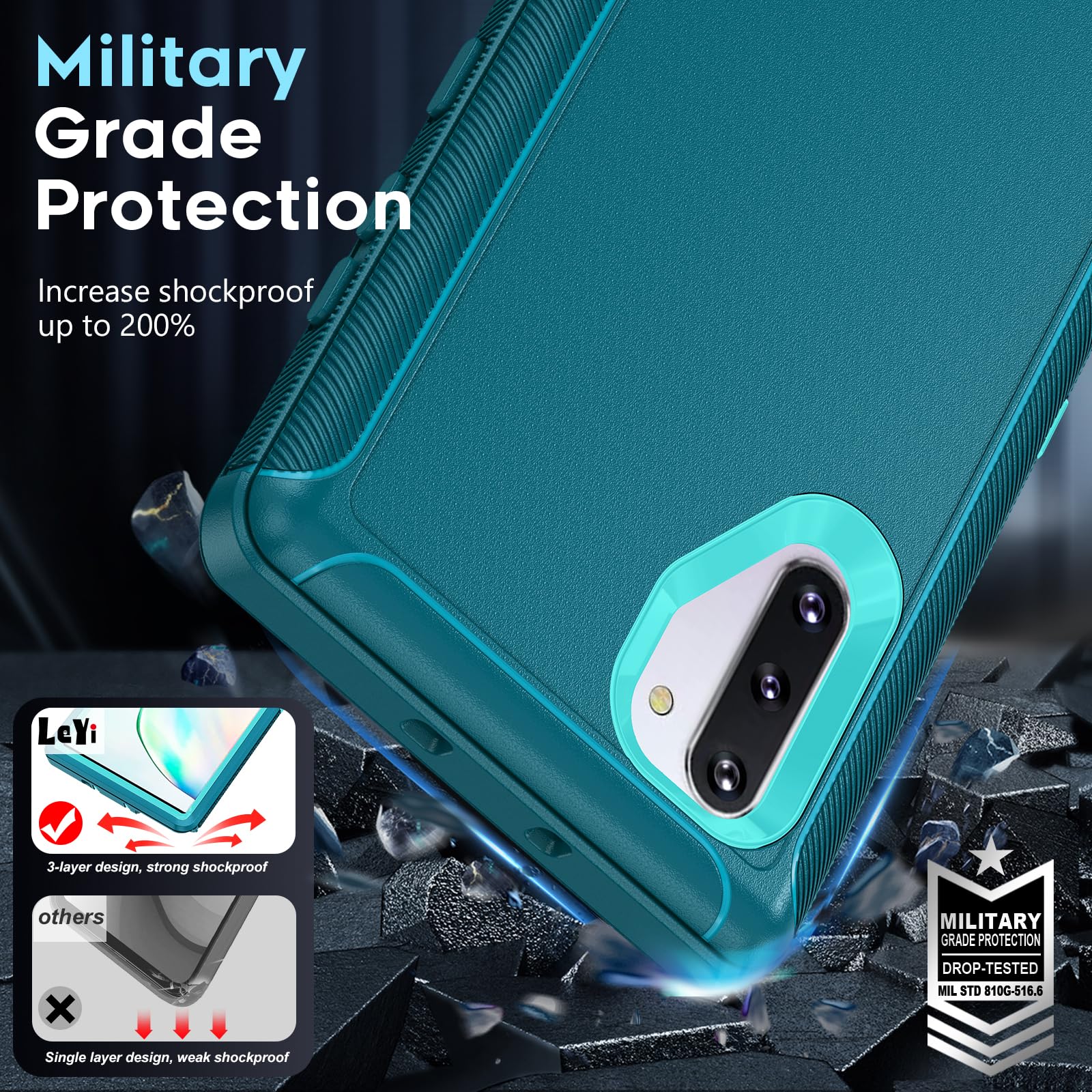 LeYi Compatible for Galaxy Note 10 Case[Not for Plus/+], Upgrade 3-in-1 Full Body Shockproof Rubber Outer Cover Heavy Duty Tough Rugged Dustproof Defender Protection Case for Samsung Note 10 (Teal) 5