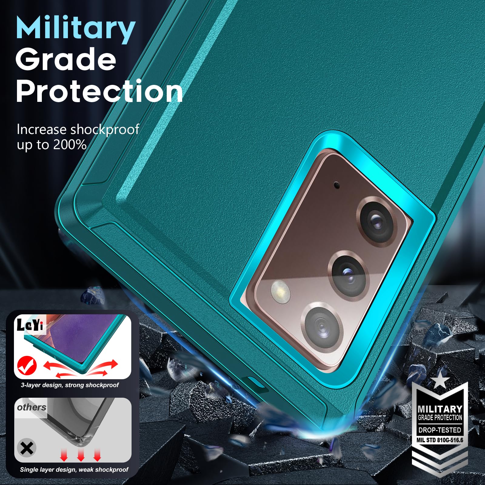 LeYi Compatible for Samsung Galaxy Note-20 Case[𝐍𝐨𝐭 𝐅𝐢𝐭 Note 20 Ultra]: Samsung Note 20 Case, Military Grade Protection, 3 in 1 Full Body Shockproof Drop Cell Phone Cover Funda Note20, Teal Blue 5