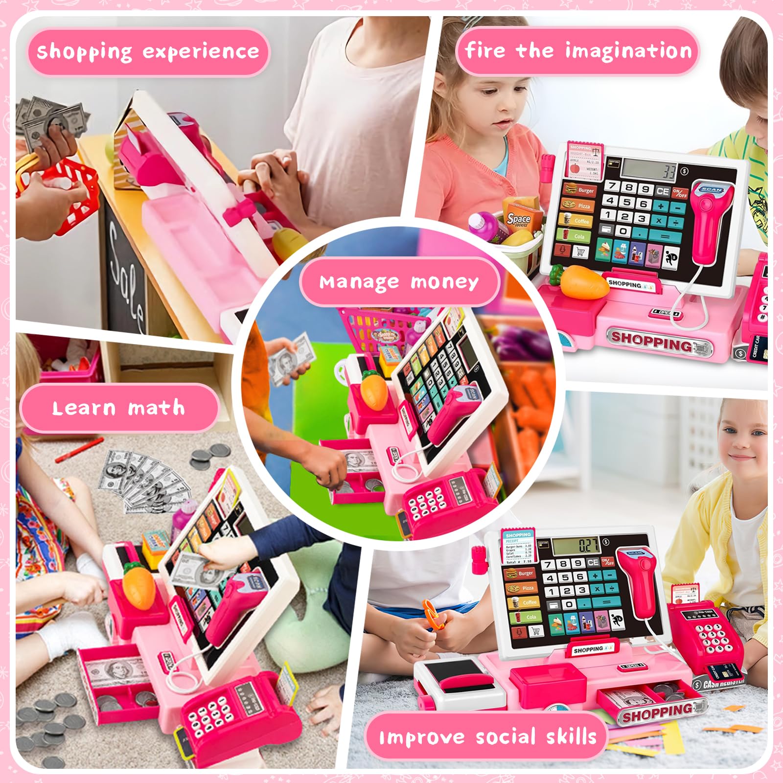 VOPOGLNE Cash Register Playset Toy for Kids, Real Calculator Register, Pretend Play Store with Music, Scanner, Play Money, Food, Microphone, Preschool Learning Toy Playset Gift for Toddler Boy Girl 6