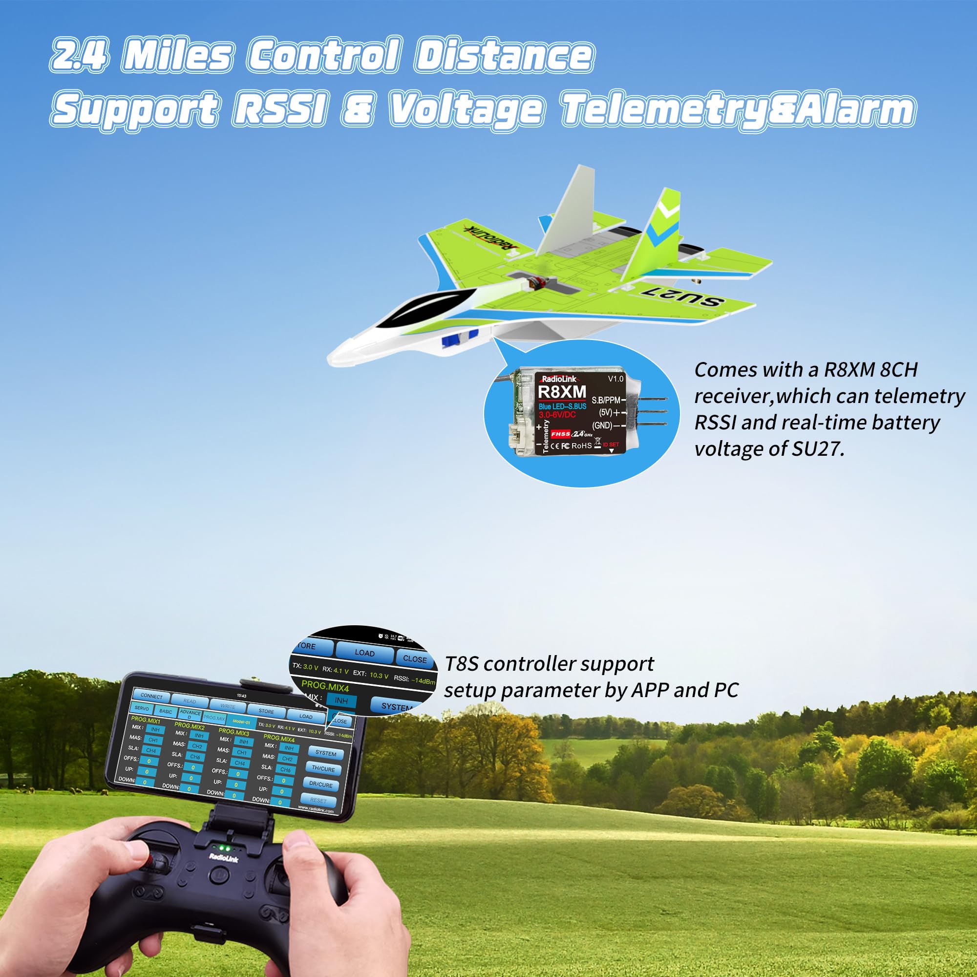 Radiolink SU27 RC Airplane Ready to Fly, 2.4GHz 3CH 2.4 Miles Long Range Aircraft, 4000KV Brushless Motor, 3 Flight Mode with T8S Transmitter & R8XM Receiver, Byme-DB FC, for Beginner or Experienced 6