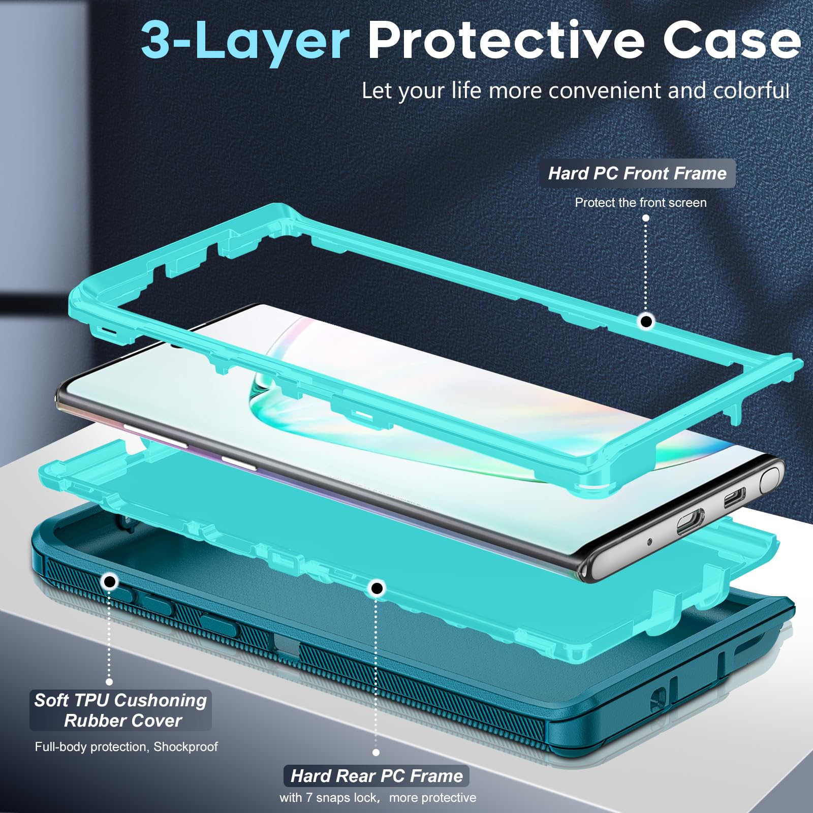 LeYi Compatible for Galaxy Note 10 Case[Not for Plus/+], Upgrade 3-in-1 Full Body Shockproof Rubber Outer Cover Heavy Duty Tough Rugged Dustproof Defender Protection Case for Samsung Note 10 (Teal) 3