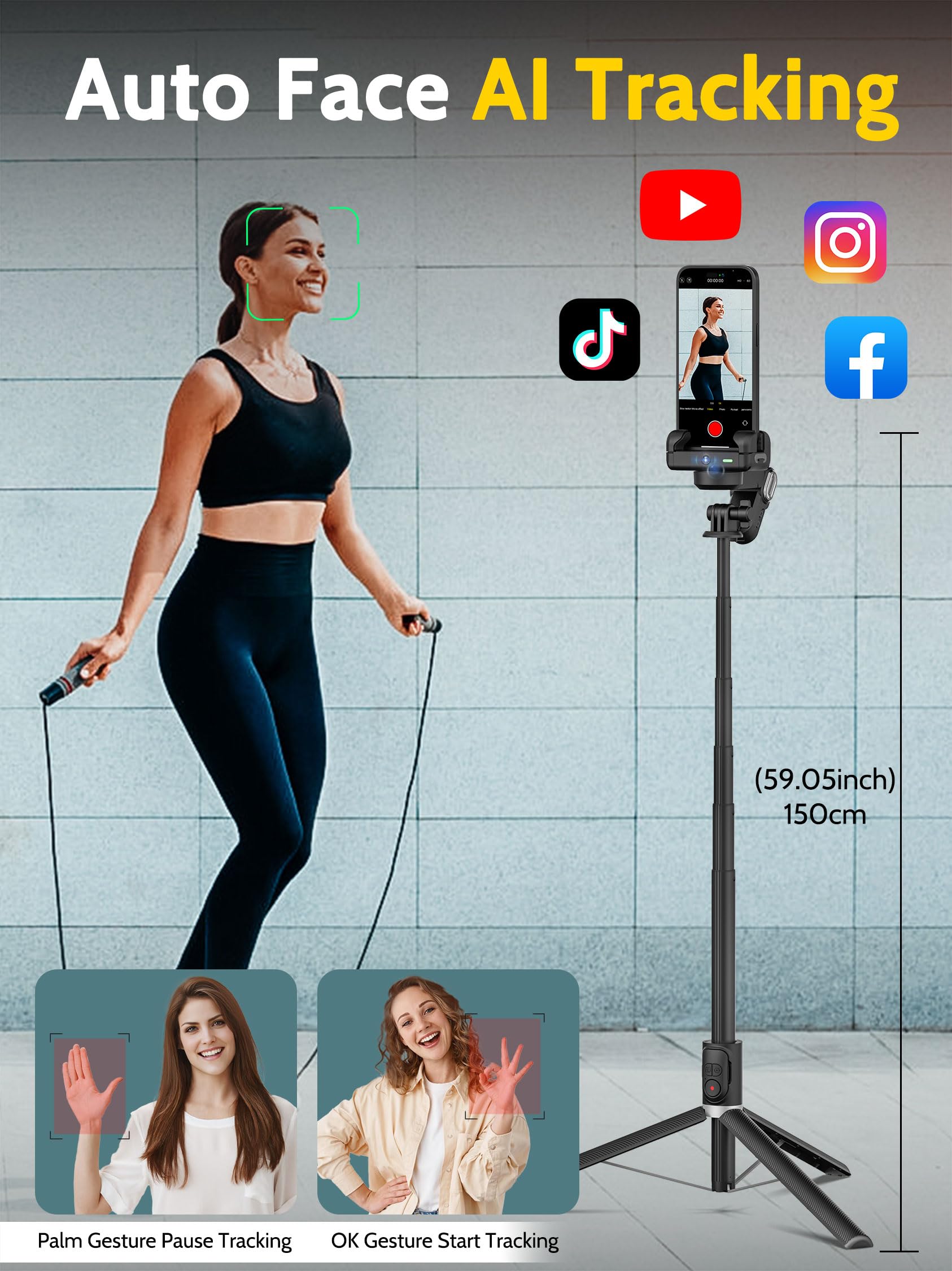 AOCHUAN Auto Face Tracking Tripod 360 Rotation for iPhone Android,Phone Stand Follow You for Video Recording,Selfie Stick Tripod with RGB Light,Remote Control for YouTube,TikTok Vlogging(M2Pro Black) 3