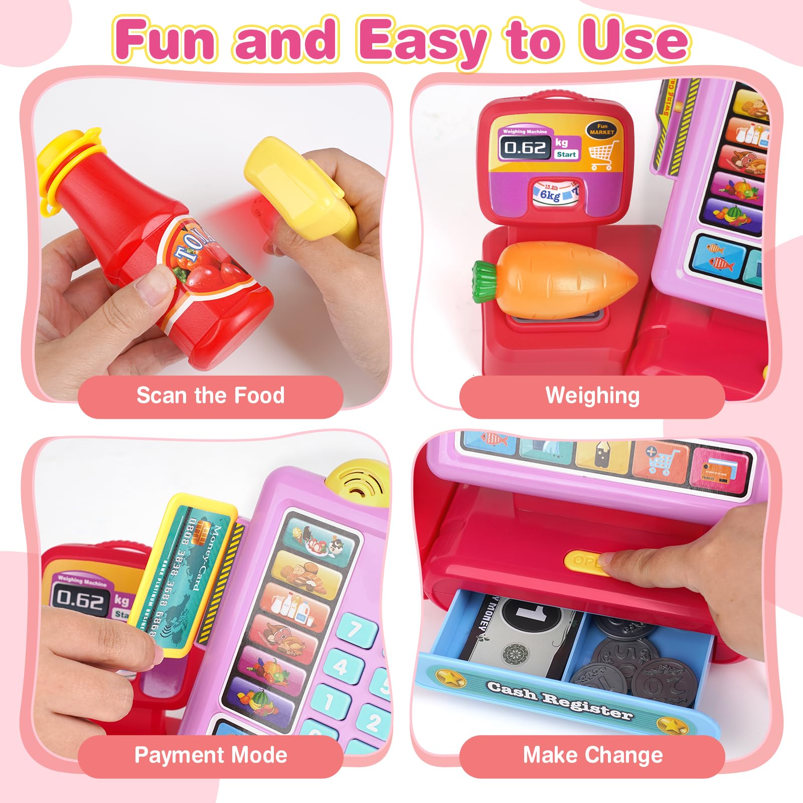 Dreamon Kids Cash Register Toy, Pretend Play Calculator Register Toys with Scanner, Apron, Credit Card, Play Food and Shopping Bag, Grocery Store Playset Preschool Gift for Kids Girls Age 3 4 5 6 7 3