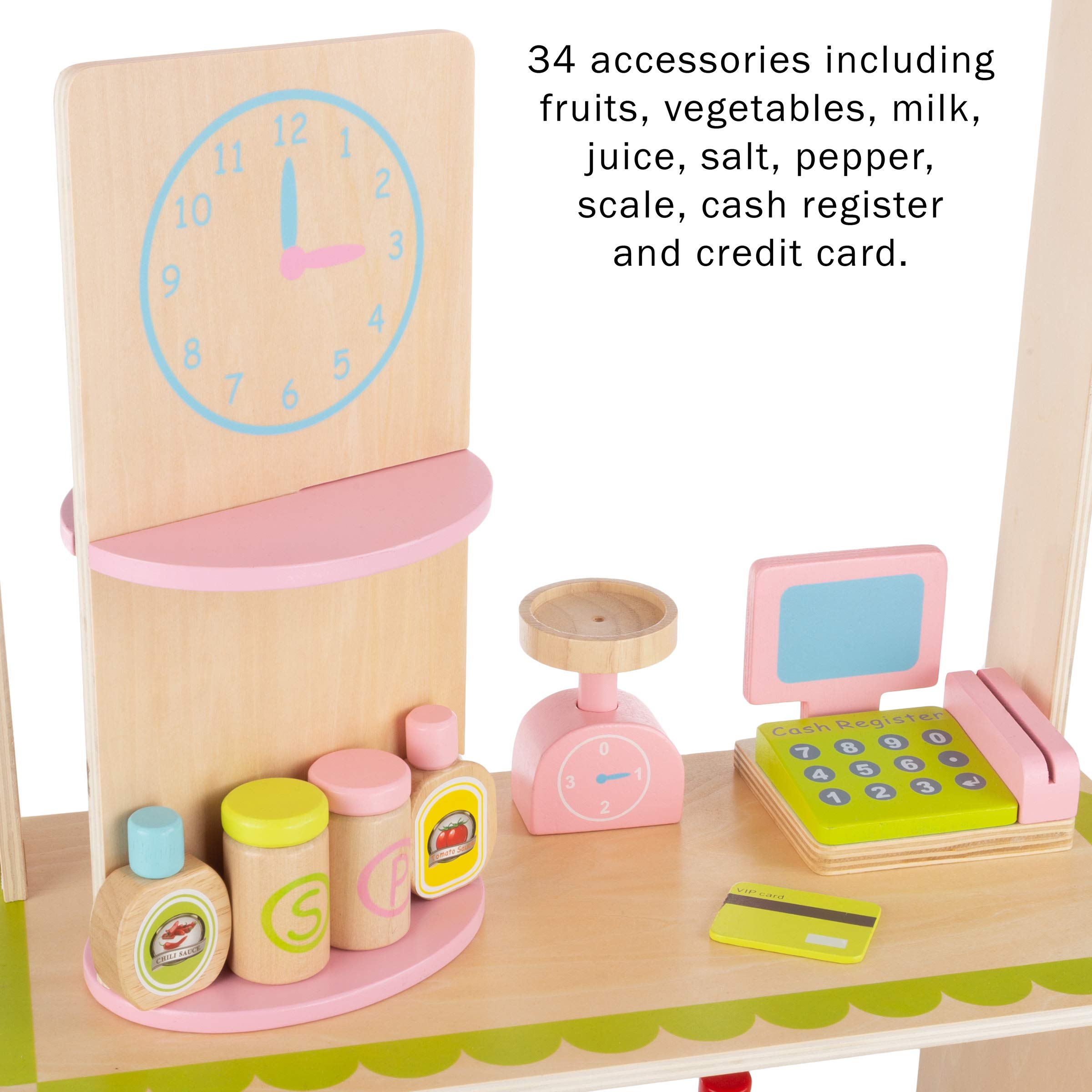 Hey! Play! Kids Fresh Market Selling Stand– Wooden Grocery Store Playset with Toy Cash Register, Pretend Credit Card and 31 Food Accessories 4