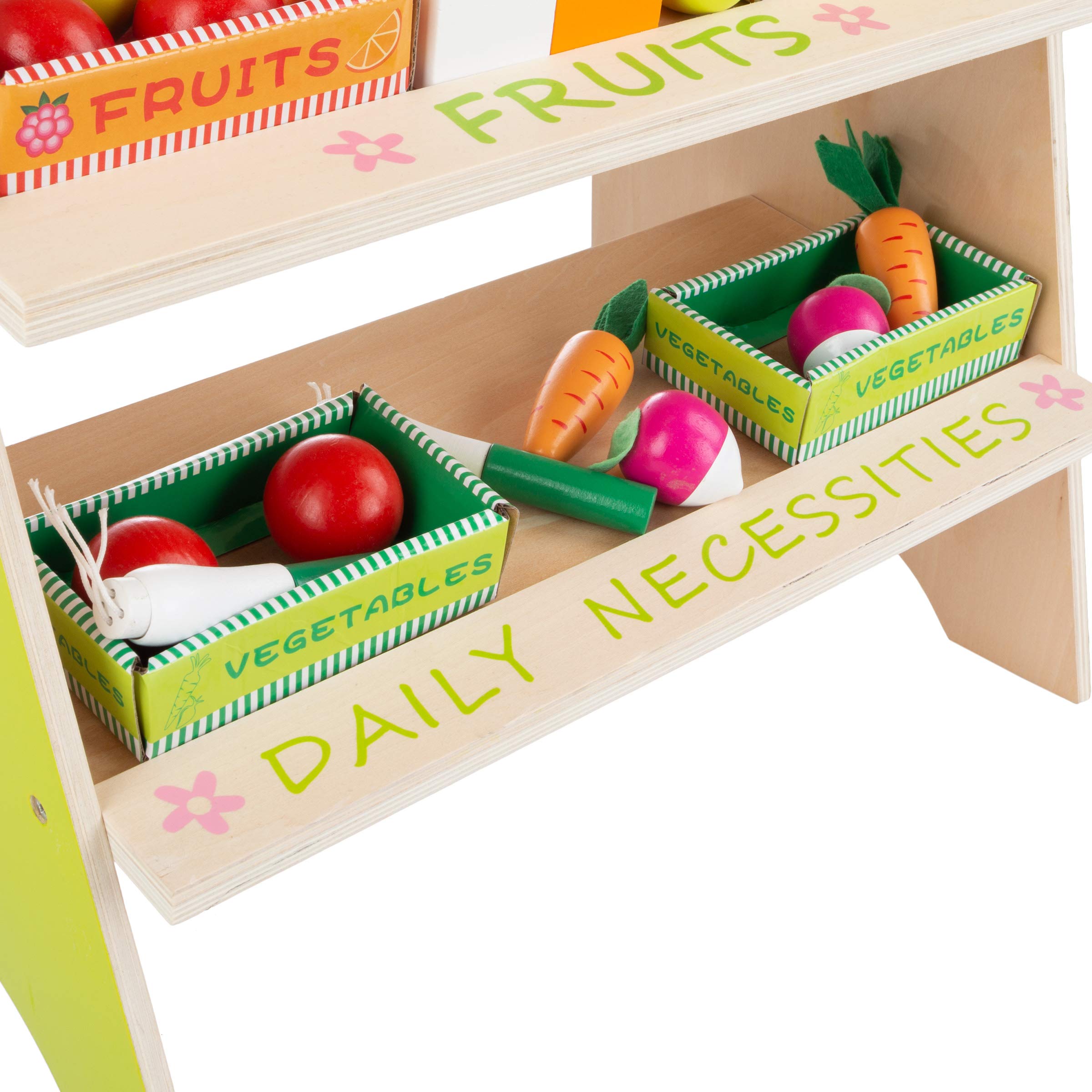 Hey! Play! Kids Fresh Market Selling Stand– Wooden Grocery Store Playset with Toy Cash Register, Pretend Credit Card and 31 Food Accessories 6
