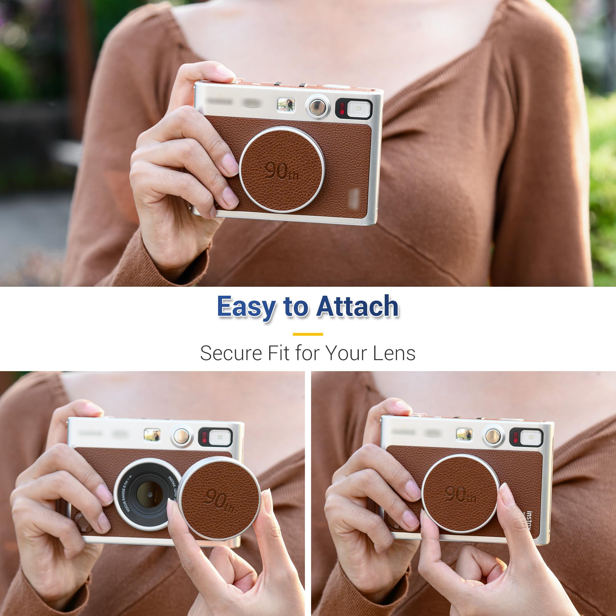 Retro Leather Lens Cap for Fujifilm Instax Mini EVO, Brown Aluminum Anti-Dust Anti-Scratches Lightweight Camera Lens Cover with Soft EVA Interior, Accessories for Fuji Mini Evo Lens Protection Cover 5