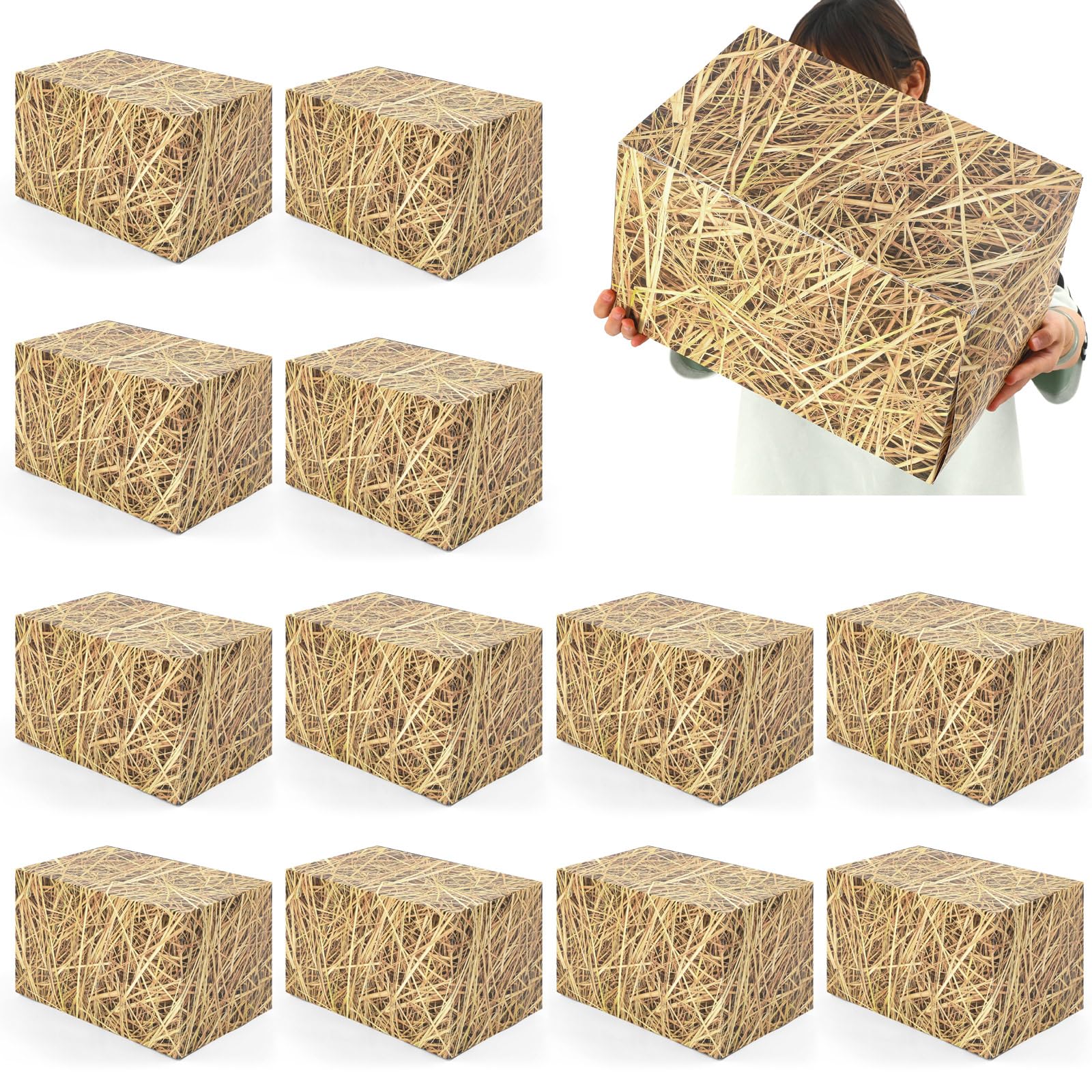 AmazingSpark 12pcs Hay Bales Paper Boxes Decor 15.7 x 9.8 x 9.8 Inch, Western Cowboy Party Straw Decor Box Photo Booth Props for Rustic Farm Country Farmhouse Retro Birthday Party Supplies 1