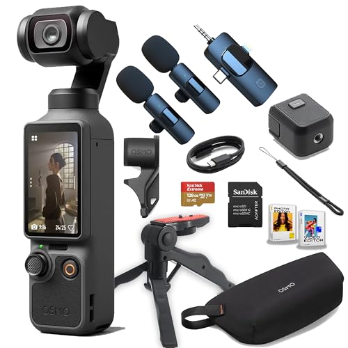 DJI Osmo Pocket 4 Value Bundle, 4K/240fps Vlog Camera, 3-Axis Stabilization, Active Track 7.0, 2 Mics +Grip Tripod + 128GB Memory, + More