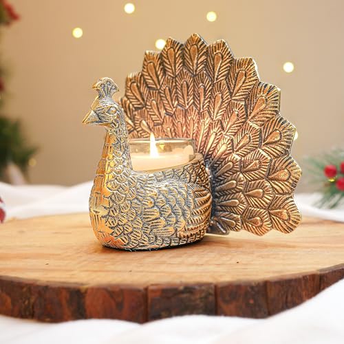 BEHOMA Metal Gold Dancing Peacock for Home Décor | Valentine’s Day, Birthday, Wedding Anniversary Romantic Gift for Women | Good Luck & Love Showpiece with Scented Glass Votive Candle (Golden,18.5cm)