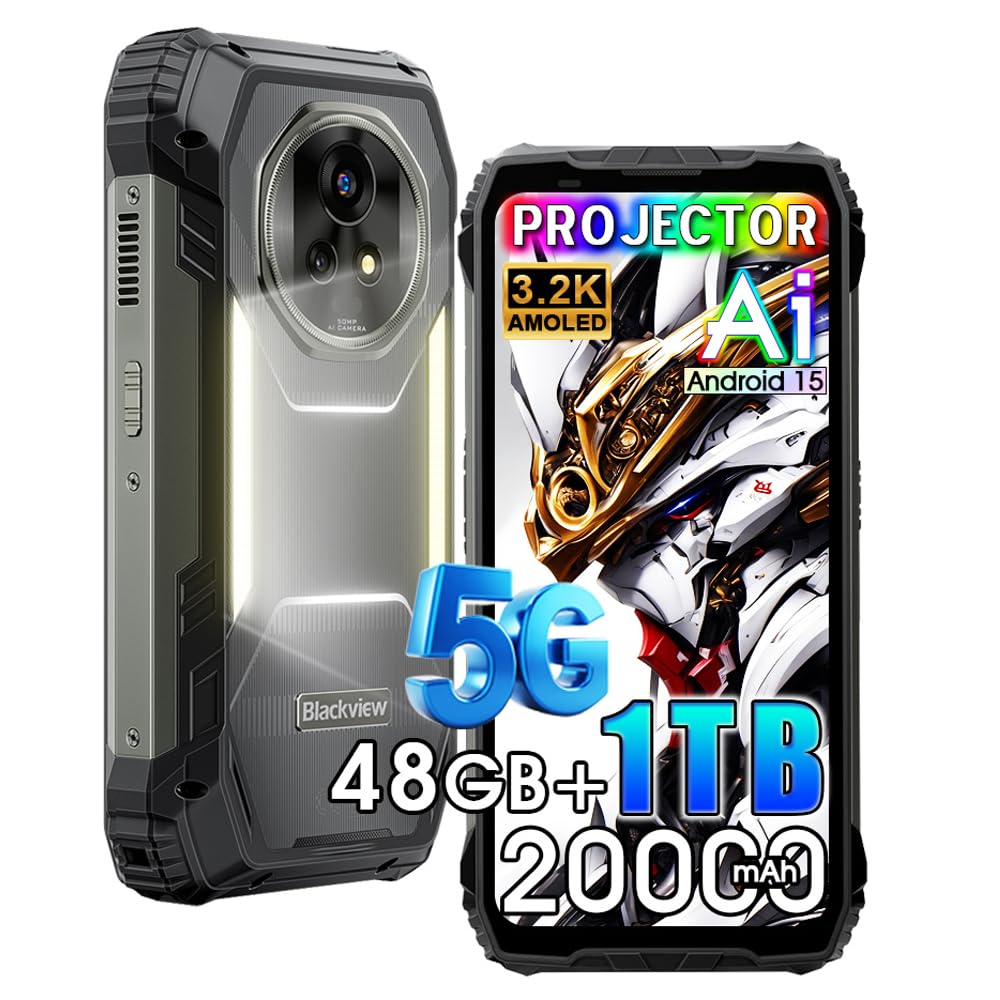 Blackview XPLORE 2 (48GB+1TB) Rugged Smartphone with Projector – 6.73" 120Hz AMOLED, 5G Dimensity 8300, 20000mAh / 120W Charging, 50MP Camera, Android 15, 467LM Dual Camp Lights WiFi 6E IP69K