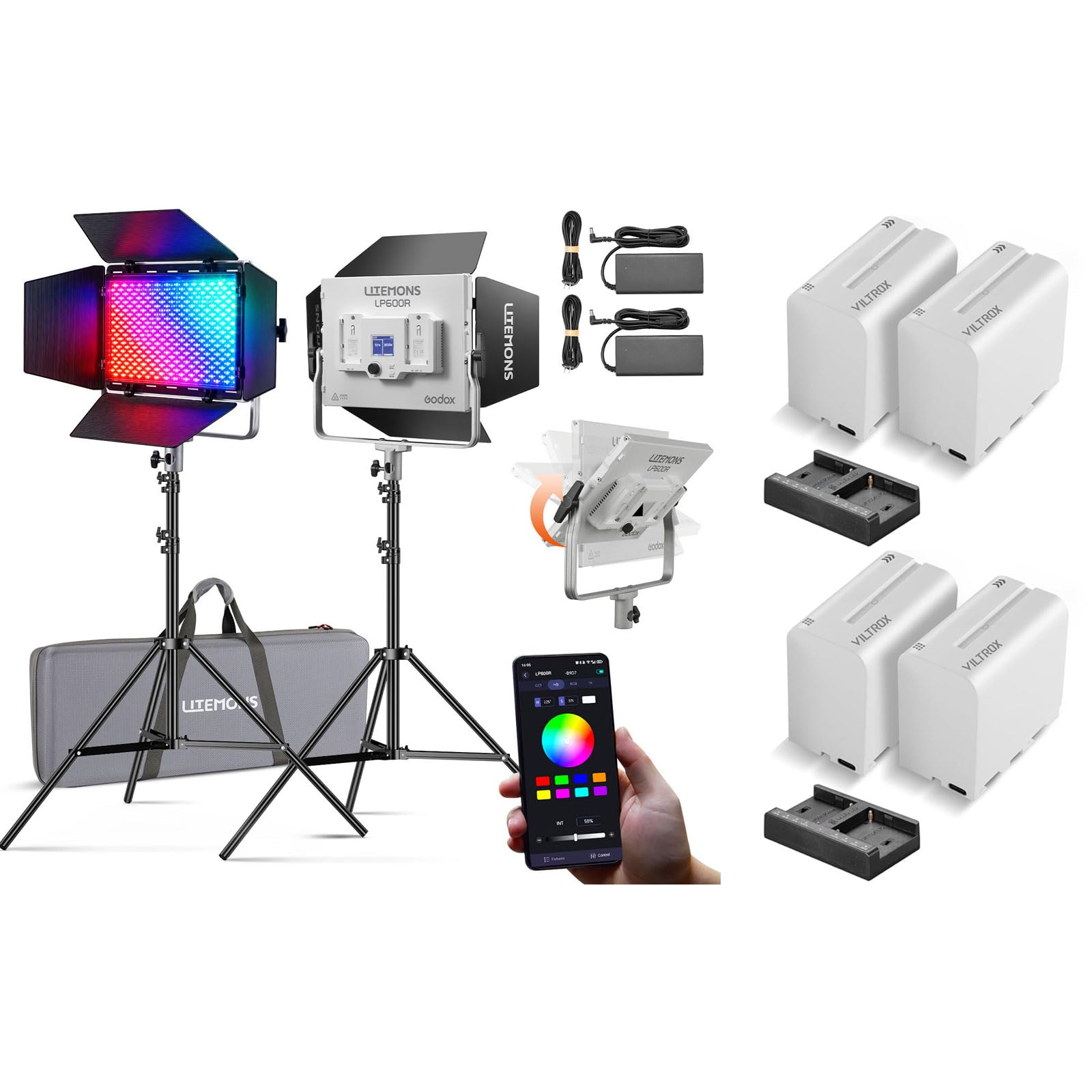 Godox Litemons LP600R RGB LED 2-Light Kit with 4-Pack NP-F970 Batteries & Chargers, 60W Full Color Light Bundle, 1800-10000K, 2 Light Stands & Case, Portable Dual Battery Power for Video Recording