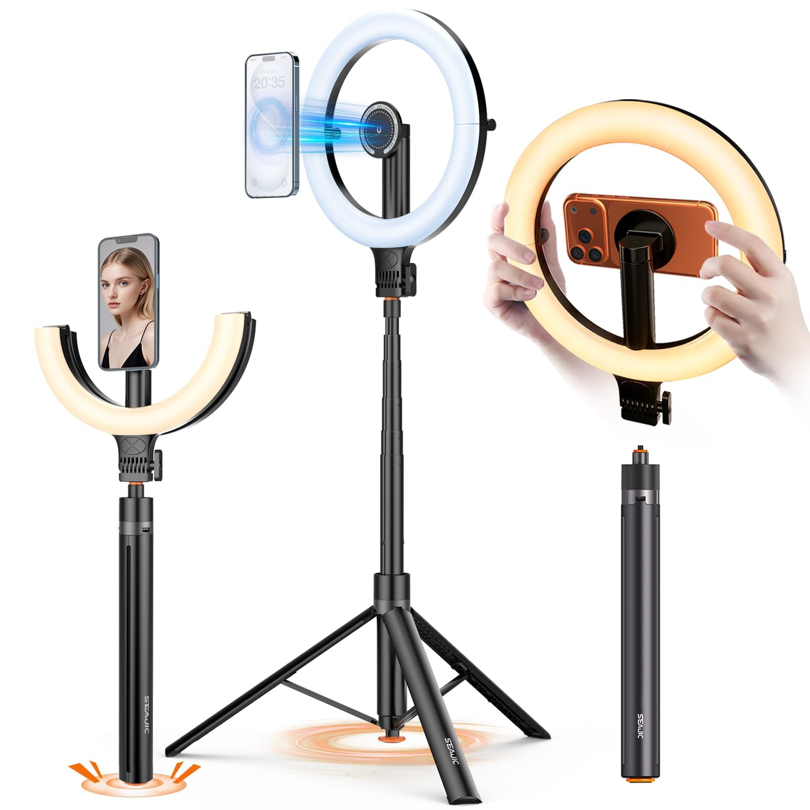 10.2" Magnetic Ring Light with 64" Tripod for iPhone Mag Safe, 5000mAh Rechargeable Ring Light with Stand, 3000k-6500K Phone Tripod with Light for Video, Photography, Live Stream, TikTok, YouTube