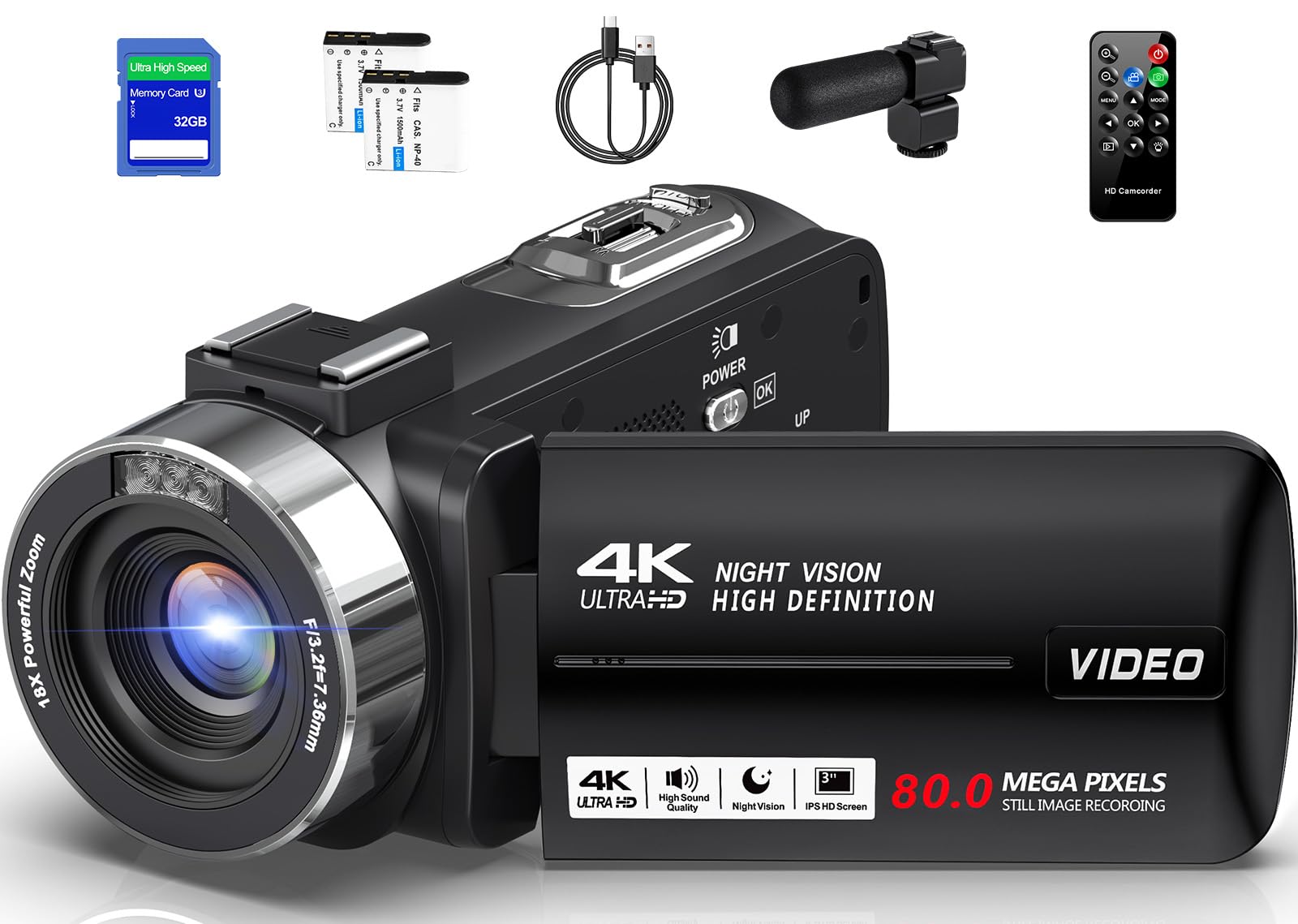 Peryoua Camcorder Video Camera 4K HD 80MP Vlogging Camera for YouTube IR Night Vision Camera 18X Digital Zoom 3.0 IPS Screen Video Recorder with 32GB SD Card, 2 Batteries and Remote Control