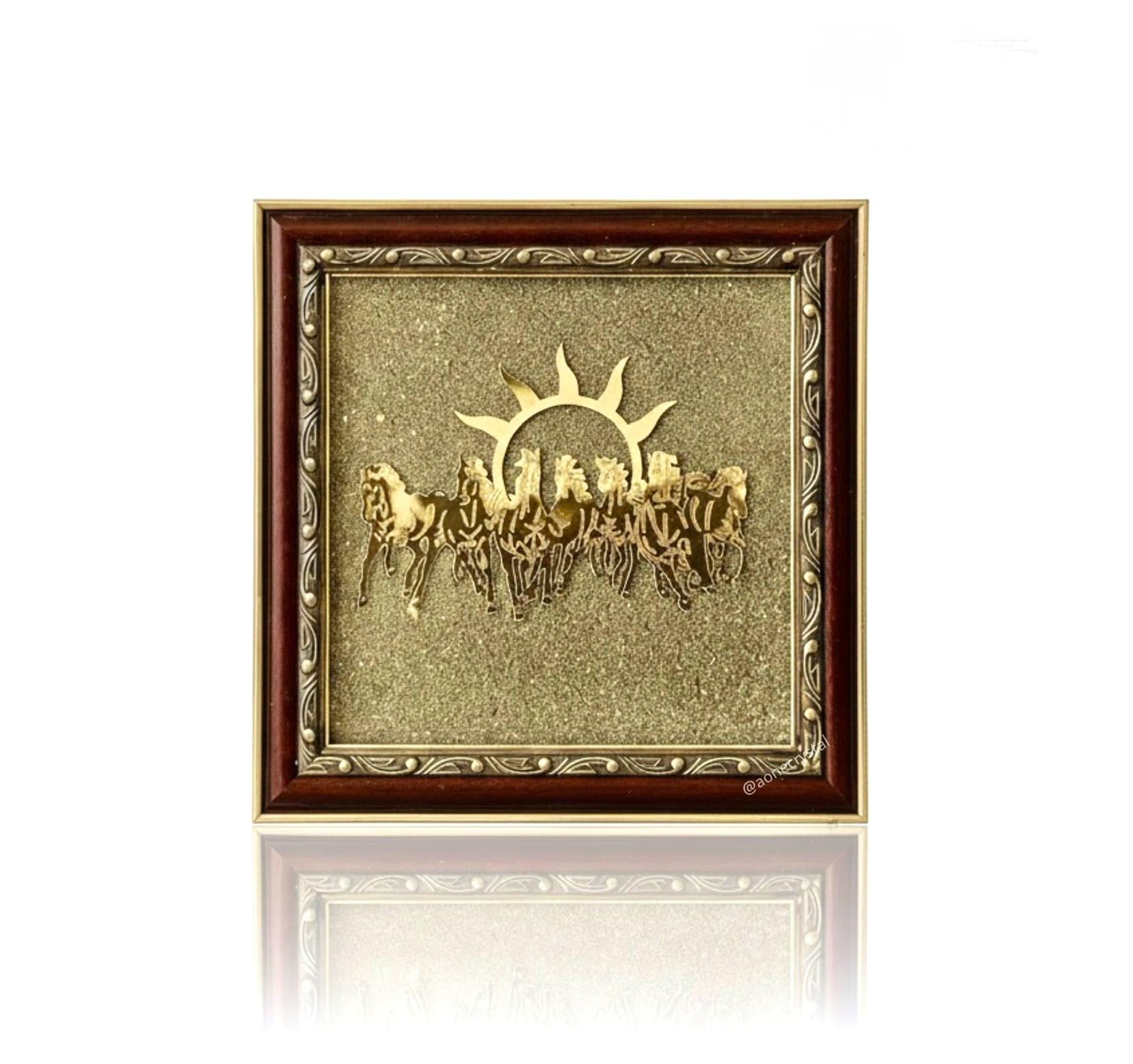 A-One Crystal 7 Horses on Raw Pyrite Frame with Sun | Seven Horses Wall Decor for Money, Success & Protection | Original Raw Pyrite Stone Vastu Wall Decor for Home & Office | Wealth Attraction Good Luck Gift | 19 x 19 cm