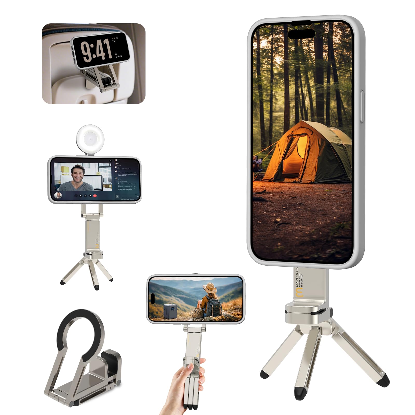 Hualele Magnetic Phone Tripod Stand for Magsafe Accessories - Mini Pocket Cell Phone Stand Strong Quick Mount Phone Holder Travel Essentials for Cell Phone Video Recording Camera Mounts, Silver