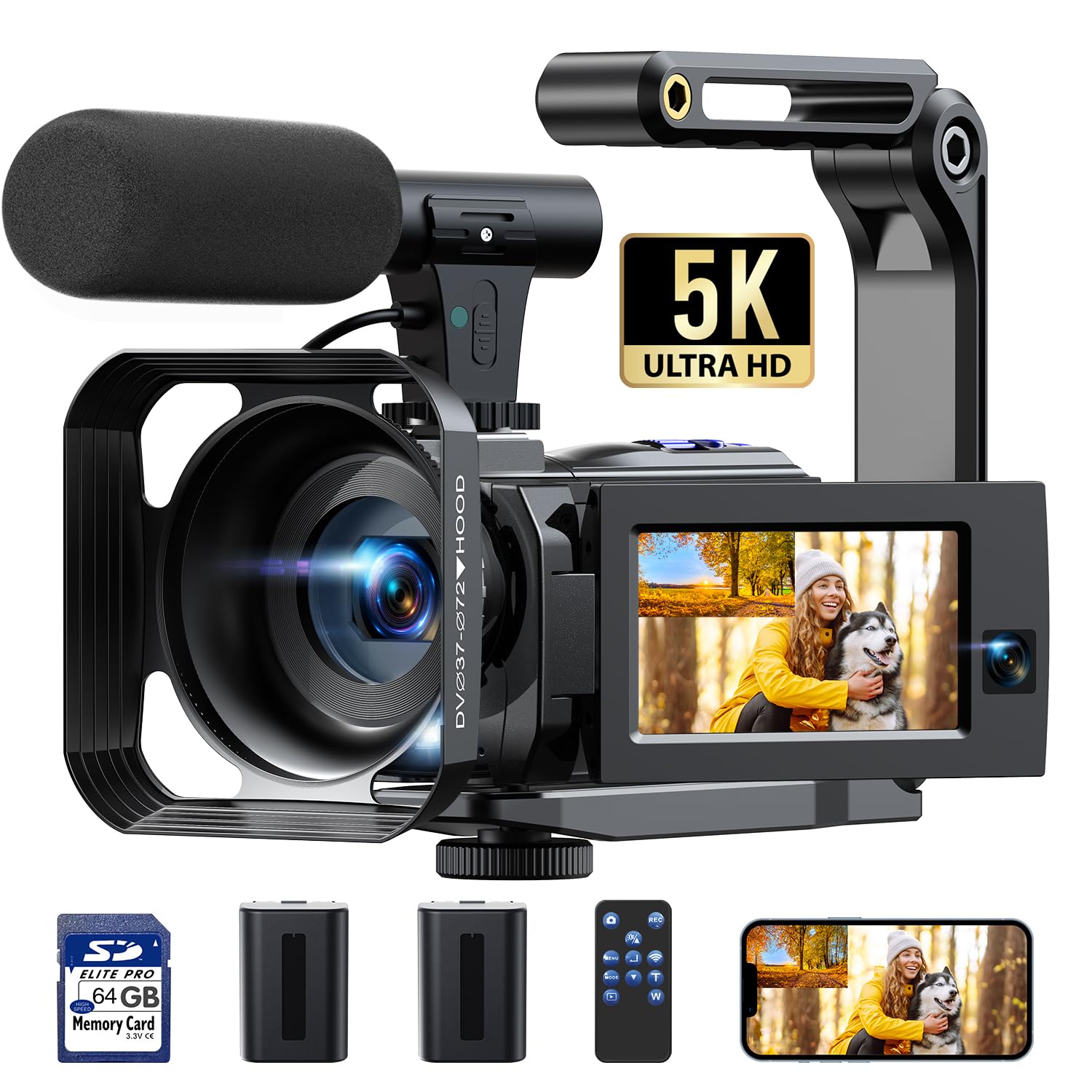 5K Video Camera Camcorder, 56MP Dual Lens Vlogging Camera for YouTube, Cam Corder with 3" 270° Flip Touch Screen,16X Zoom, Night Vision, WiFi, Remote, 64GB SD Card, 2 Batteries, Tripod, Webcam