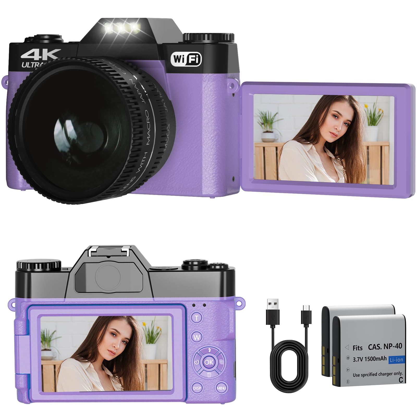 Vlogging Camera for YouTube Digital Camera for Photography 4K 48MP 16X Digital Zoom 3 inch 180° Flip Screen 52mm Wide-Angle Lens & Macro Lens, 32G Micro Card and 2 Batteries