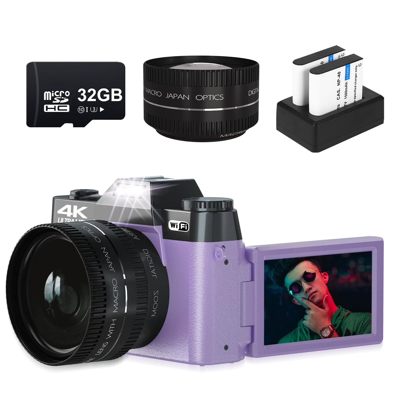 Vlogging Camera for YouTube 4K Digital Camera for Photography 16X Digital Zoom 3 inch 180° Flip Screen 52mm Wide-Angle Lens & Macro Lens, 32G Micro Card and 2 Batteries