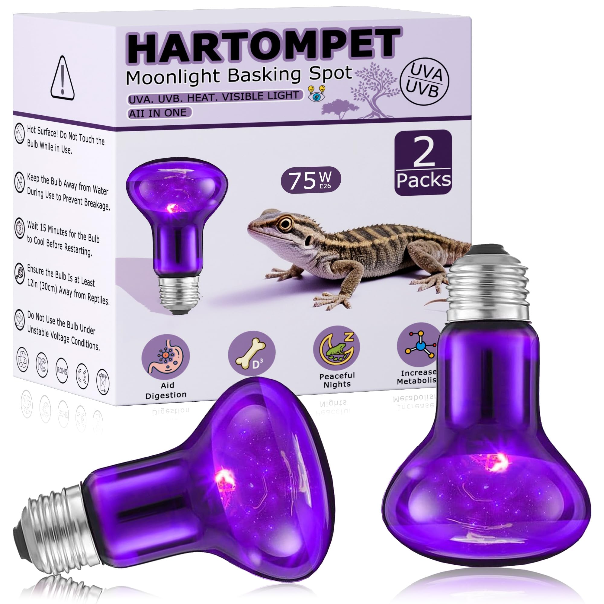 HARTOMPET 75W Reptile Night Light Bulb – Purple Basking Spot Lamp with Simulated Moonlight for Lizards, Chameleons, Snakes, Turtles, Amphibians – UVA Heat Light – 2 Pack | 3.2"