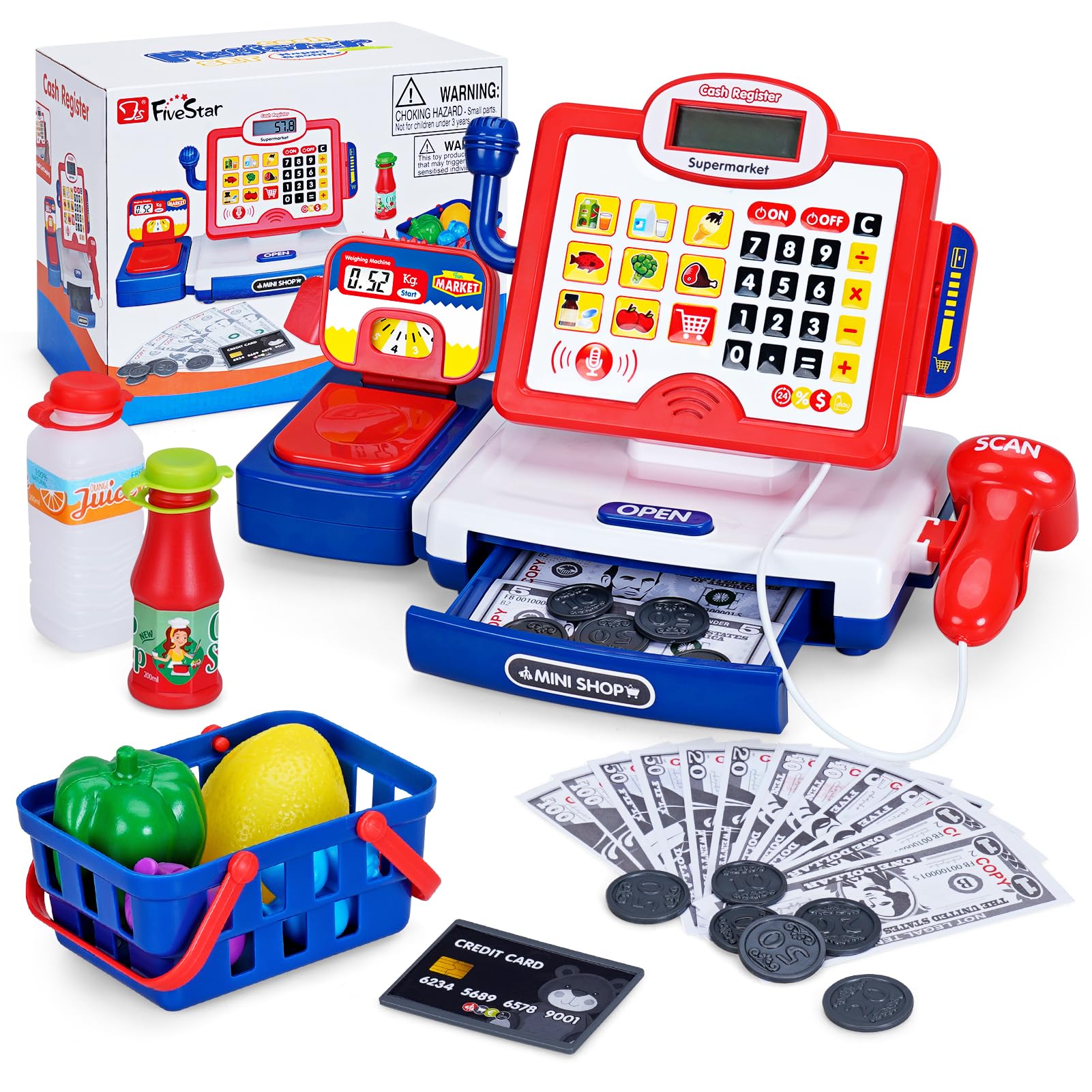 FS Toy Cash Register for Kids with Scanner, Play Money, Credit Card, Shopping Basket, Pretend Play Toys Grocery Store Items for Toddler Age 3-5-7 Years Old Boys and Girls Preschool Learning Activities